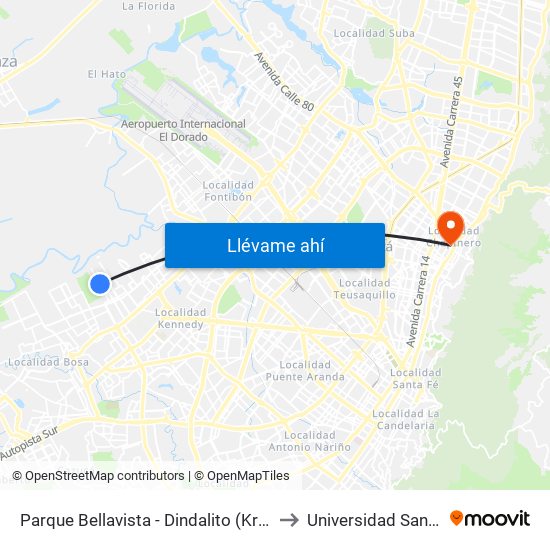 Parque Bellavista - Dindalito (Kr 95 - Cl 42b Sur) to Universidad Santo Tomás map
