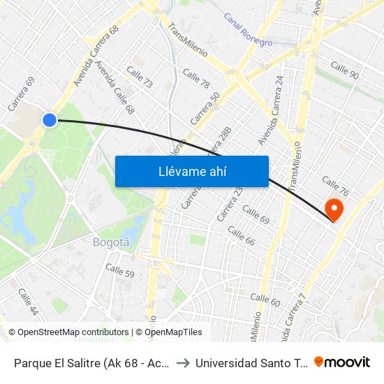 Parque El Salitre (Ak 68 - Ac 63) (A) to Universidad Santo Tomás map