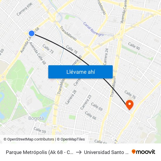 Parque Metrópolis (Ak 68 - Cl 74a) (A) to Universidad Santo Tomás map