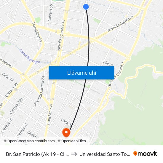 Br. San Patricio (Ak 19 - Cl 108) to Universidad Santo Tomás map