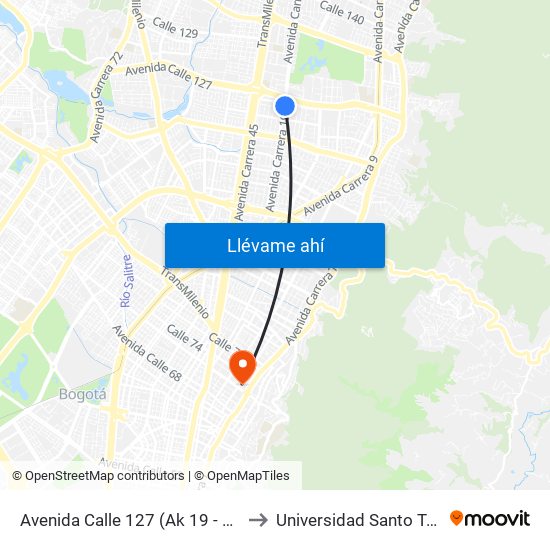 Avenida Calle 127 (Ak 19 - Cl 123) to Universidad Santo Tomás map