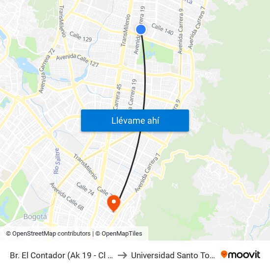Br. El Contador (Ak 19 - Cl 135) to Universidad Santo Tomás map