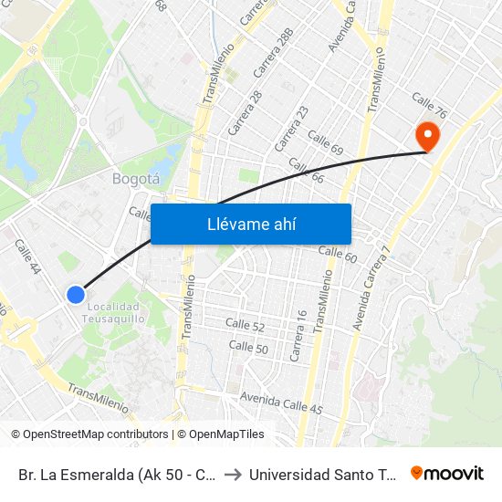 Br. La Esmeralda (Ak 50 - Cl 44b) to Universidad Santo Tomás map