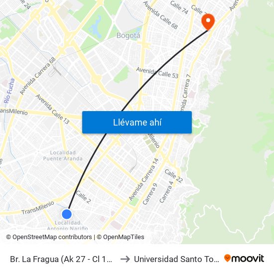 Br. La Fragua (Ak 27 - Cl 14 Sur) to Universidad Santo Tomás map