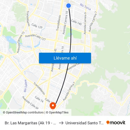 Br. Las Margaritas (Ak 19 - Cl 150) to Universidad Santo Tomás map