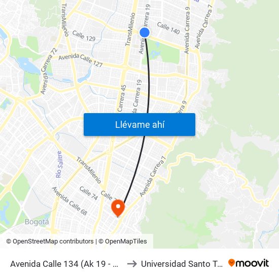 Avenida Calle 134 (Ak 19 - Ac 134) to Universidad Santo Tomás map