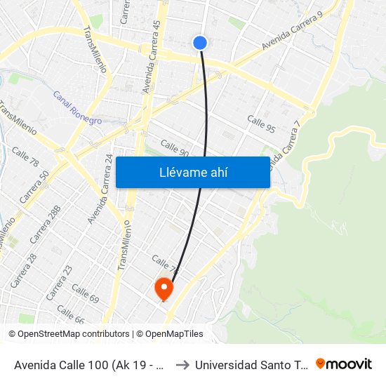 Avenida Calle 100 (Ak 19 - Ac 100) to Universidad Santo Tomás map