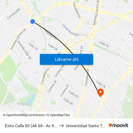 Éxito Calle 80 (Ak 68 - Ac 80) (A) to Universidad Santo Tomás map