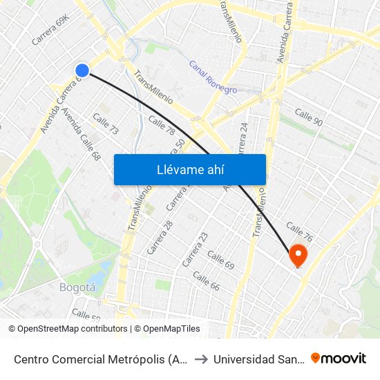Centro Comercial Metrópolis (Ak 68 - Cl 76a) (A) to Universidad Santo Tomás map