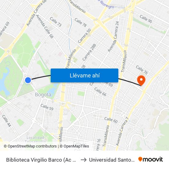 Biblioteca Virgilio Barco (Ac 63 - Ak 60) to Universidad Santo Tomás map