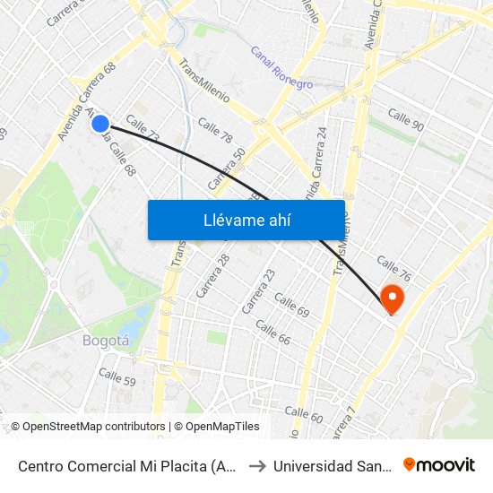 Centro Comercial Mi Placita (Ac 68 - Kr 65) (A) to Universidad Santo Tomás map