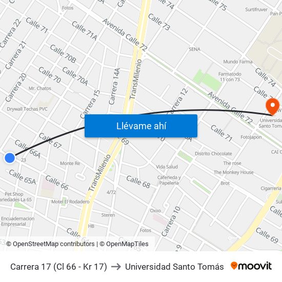 Carrera 17 (Cl 66 - Kr 17) to Universidad Santo Tomás map