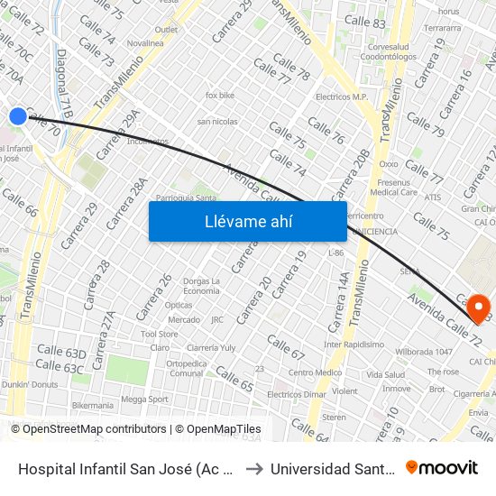 Hospital Infantil San José (Ac 68 - Kr 53) (A) to Universidad Santo Tomás map