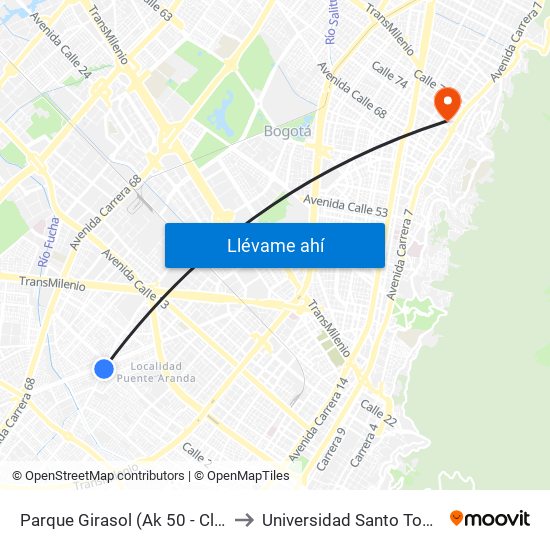 Parque Girasol (Ak 50 - Cl 2c) to Universidad Santo Tomás map