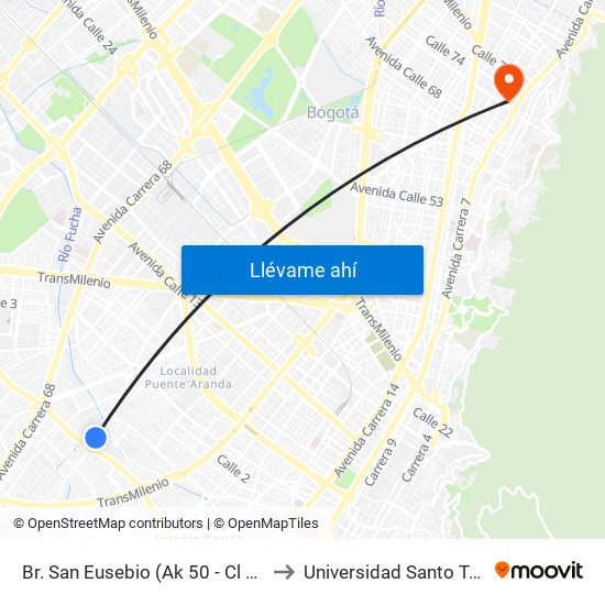 Br. San Eusebio (Ak 50 - Cl 22 Sur) to Universidad Santo Tomás map
