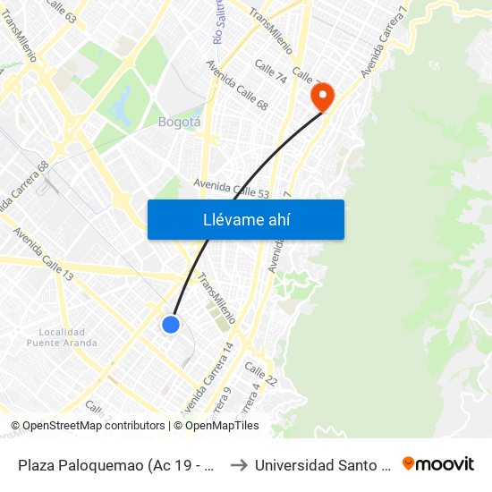 Plaza Paloquemao (Ac 19 - Kr 27) (A) to Universidad Santo Tomás map