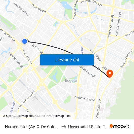 Homecenter (Av. C. De Cali - Cl 52a) to Universidad Santo Tomás map