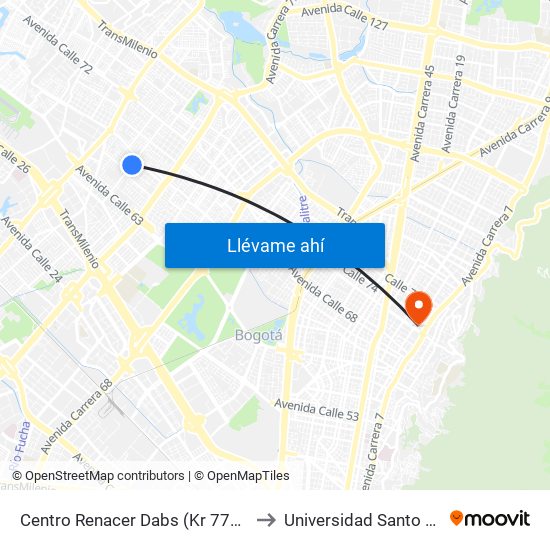 Centro Renacer Dabs (Kr 77a - Cl 64j) to Universidad Santo Tomás map