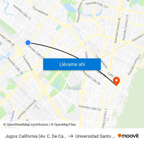 Jugos California (Av. C. De Cali - Ac 63) to Universidad Santo Tomás map