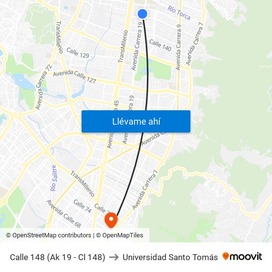 Calle 148 (Ak 19 - Cl 148) to Universidad Santo Tomás map