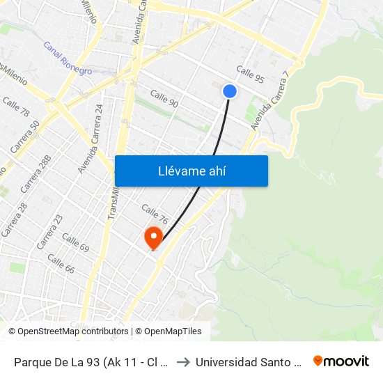 Parque De La 93 (Ak 11 - Cl 93a) (A) to Universidad Santo Tomás map