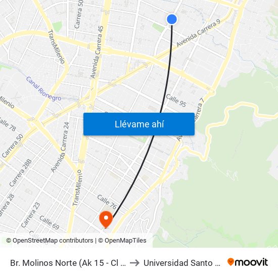 Br. Molinos Norte (Ak 15 - Cl 106) (A) to Universidad Santo Tomás map