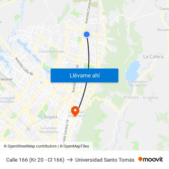 Calle 166 (Kr 20 - Cl 166) to Universidad Santo Tomás map