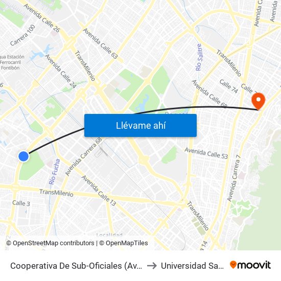 Cooperativa De Sub-Oficiales (Av. Boyacá - Cl 10) (A) to Universidad Santo Tomás map