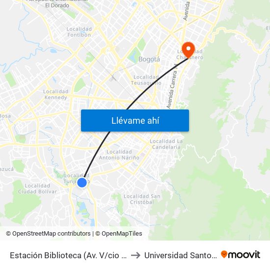 Estación Biblioteca (Av. V/cio - Cl 51 Sur) to Universidad Santo Tomás map