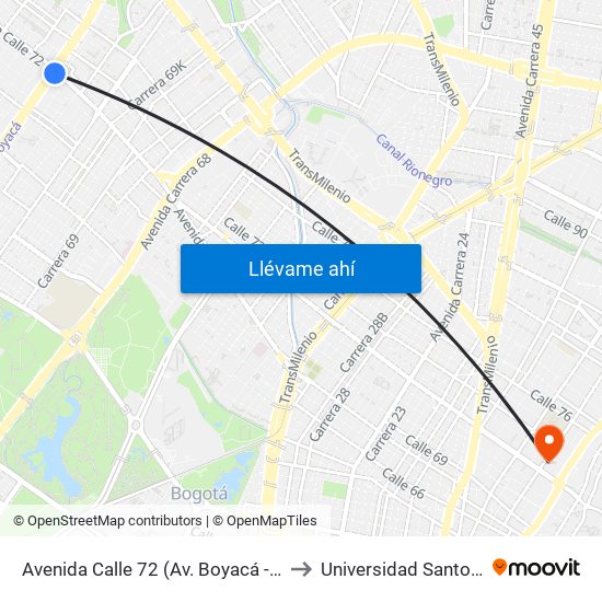 Avenida Calle 72 (Av. Boyacá - Ac 72) (A) to Universidad Santo Tomás map