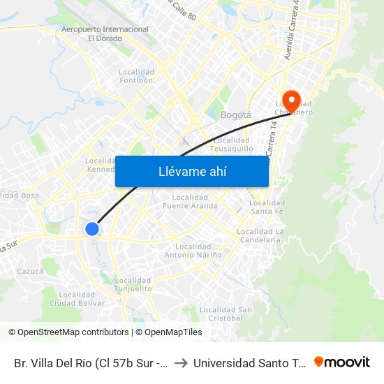 Br. Villa Del Río (Cl 57b Sur - Kr 62) to Universidad Santo Tomás map