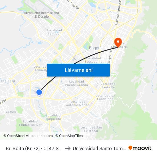 Br. Boitá (Kr 72j - Cl 47 Sur) to Universidad Santo Tomás map