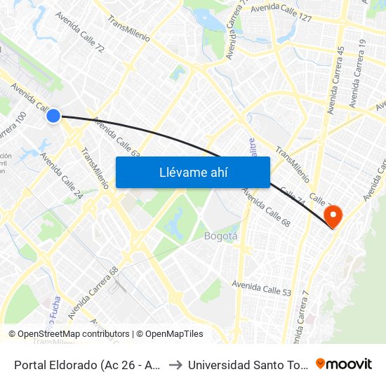 Portal Eldorado (Ac 26 - Ak 96) to Universidad Santo Tomás map