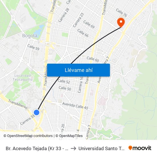 Br. Acevedo Tejada (Kr 33 - Cl 28) to Universidad Santo Tomás map