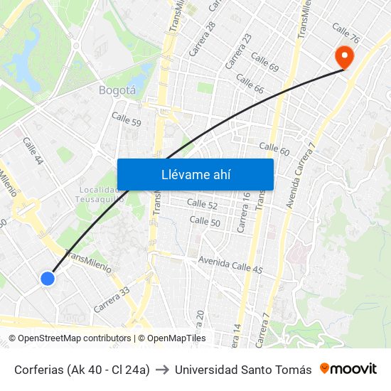 Corferias (Ak 40 - Cl 24a) to Universidad Santo Tomás map