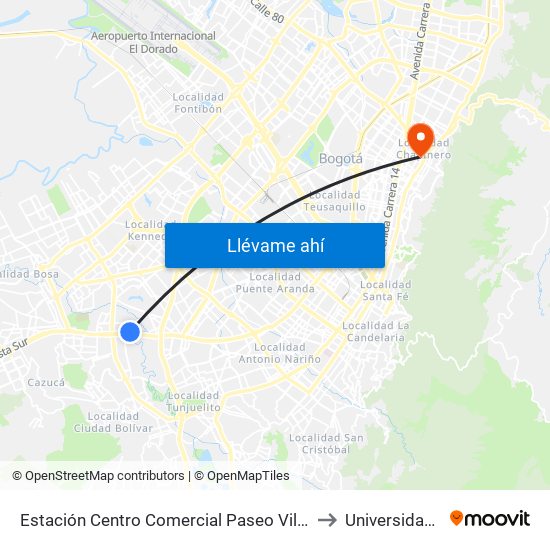 Estación Centro Comercial Paseo Villa Del Río - Madelena (Auto Sur - Kr 66a) to Universidad Santo Tomás map