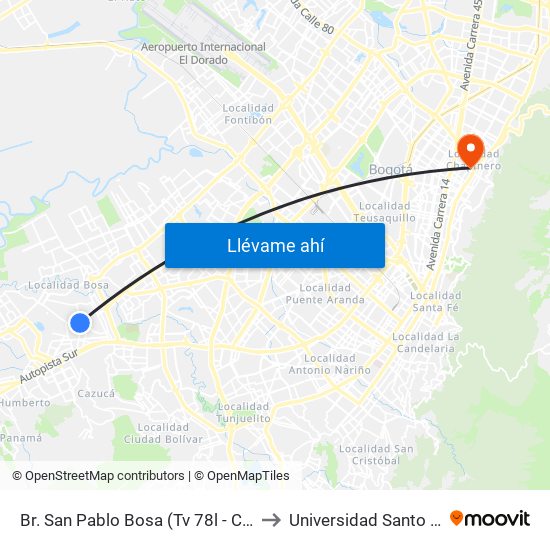 Br. San Pablo Bosa (Tv 78l - Cl 69a Sur) to Universidad Santo Tomás map