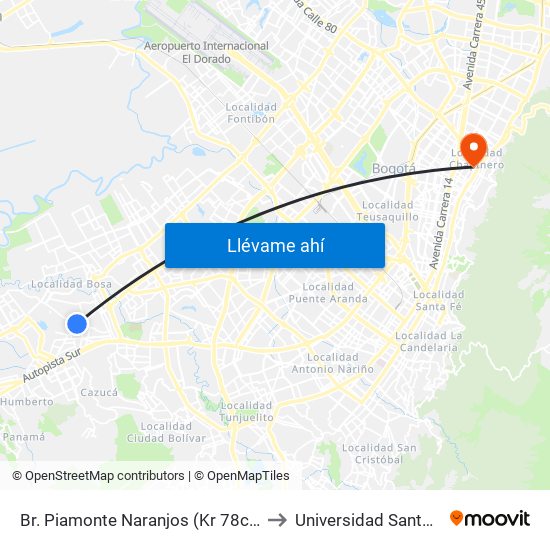 Br. Piamonte Naranjos (Kr 78c - Cl 70 Sur) to Universidad Santo Tomás map