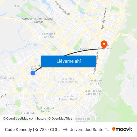 Cade Kennedy (Kr 78k - Cl 37a Sur) to Universidad Santo Tomás map