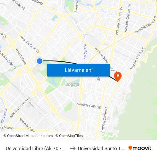 Universidad Libre (Ak 70 - Ac 53) to Universidad Santo Tomás map