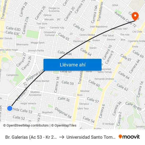 Br. Galerías (Ac 53 - Kr 28) to Universidad Santo Tomás map