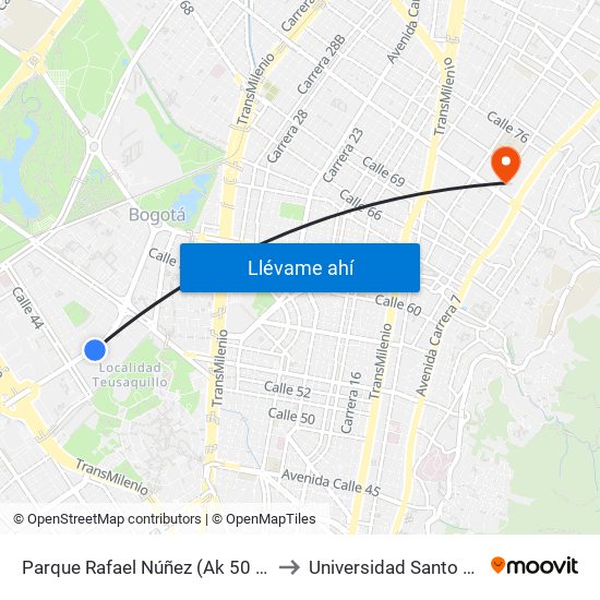 Parque Rafael Núñez (Ak 50 - Cl 44c) to Universidad Santo Tomás map