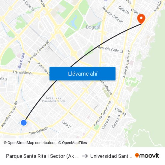 Parque Santa Rita I Sector (Ak 50 - Cl 31 Sur) to Universidad Santo Tomás map