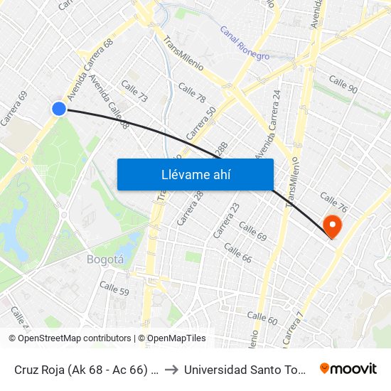Cruz Roja (Ak 68 - Ac 66) (A) to Universidad Santo Tomás map