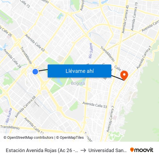 Estación Avenida Rojas (Ac 26 - Kr 69d Bis) (A) to Universidad Santo Tomás map