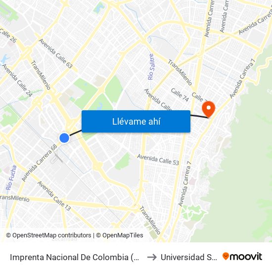 Imprenta Nacional De Colombia (Ak 68 - Av. Esperanza) (A) to Universidad Santo Tomás map