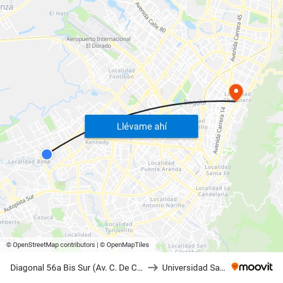 Diagonal 56a Bis Sur (Av. C. De Cali - Dg 56a Bis Sur) to Universidad Santo Tomás map