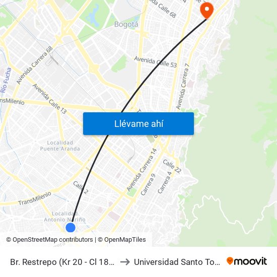 Br. Restrepo (Kr 20 - Cl 18 Sur) to Universidad Santo Tomás map