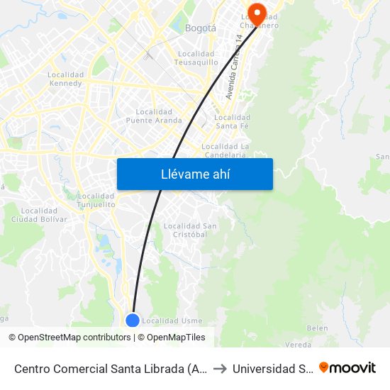 Centro Comercial Santa Librada (Av. Caracas - Cl 74c Sur) (A) to Universidad Santo Tomás map