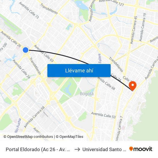 Portal Eldorado (Ac 26 - Av. C. De Cali) to Universidad Santo Tomás map